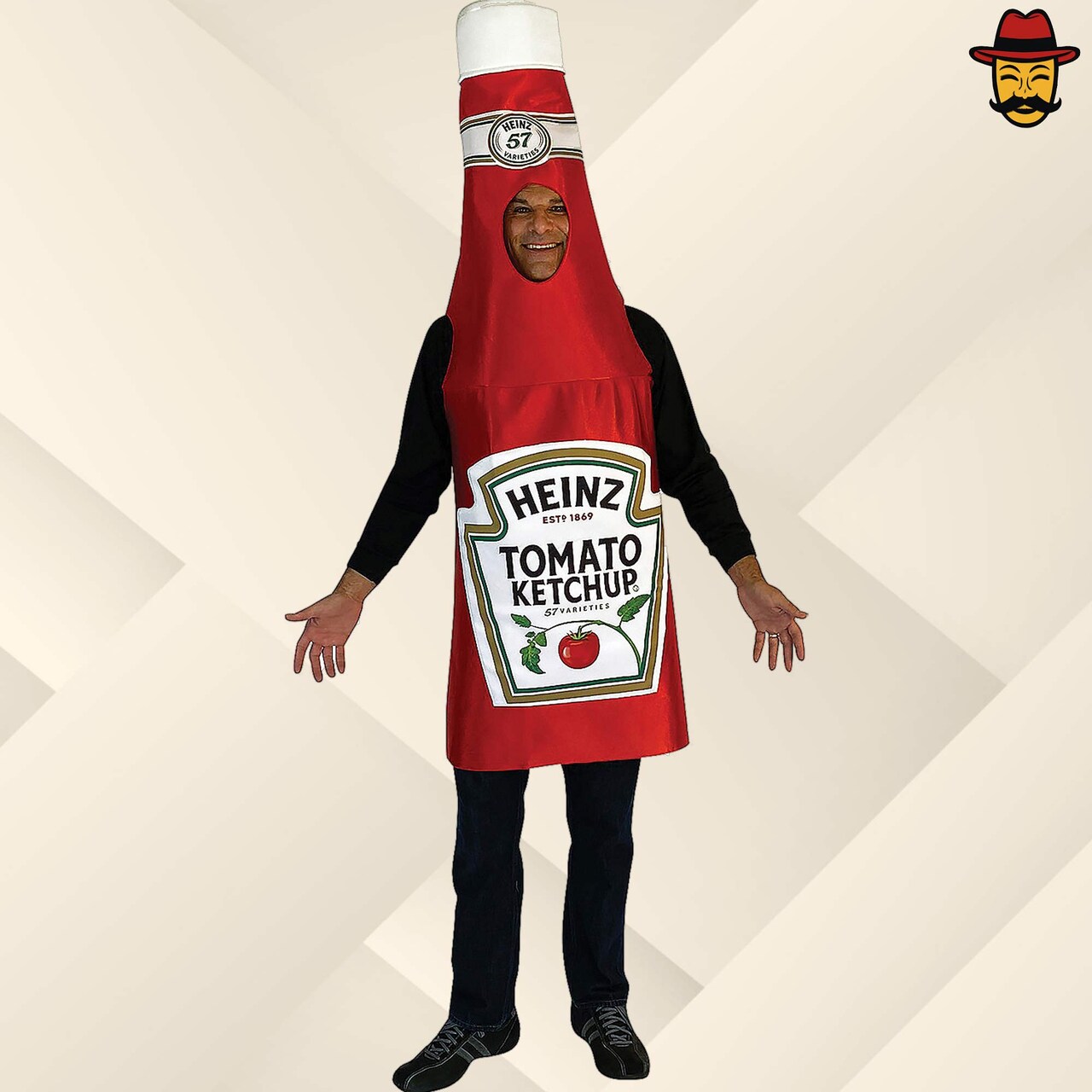 Classic Ketchup Bottle Adult Costume Funny Food Tunic Red Head-In Design Halloween Outfit